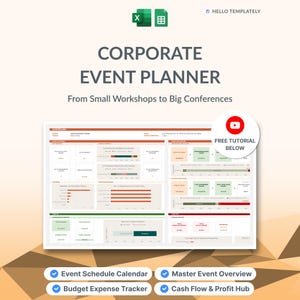 May include: A digital corporate event planner spreadsheet template featuring a dashboard with data charts, budget trackers, and event summaries. Text includes "Corporate Event Planner," "From Small Workshops to Big Conferences," and "Free Tutorial Below."