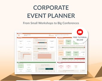 May include: A digital corporate event planner spreadsheet template featuring a dashboard with data charts, budget trackers, and event summaries. Text includes "Corporate Event Planner," "From Small Workshops to Big Conferences," and "Free Tutorial Below."