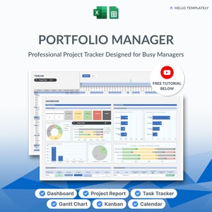 Portfolio Manager Excel Google Sheets Template | Project Management Spreadsheet Task Tracker Dashboard Gantt Chart Kanban Board Calendar