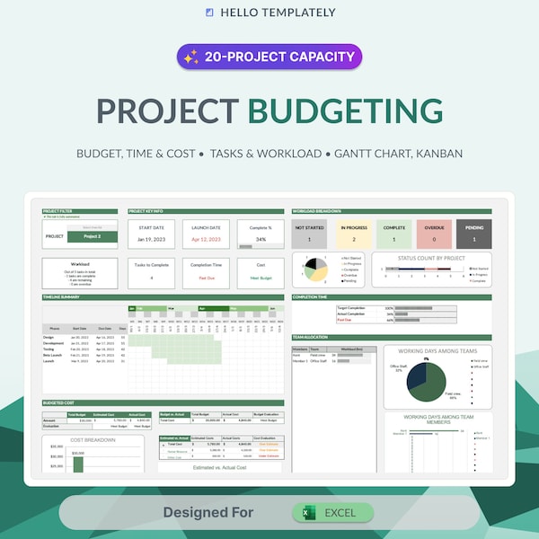 Projektmanagement & Budgetierung, Vorlage für EXCEL | Kontrollieren Sie Budget, Kosten, planen Sie Projekte, verfolgen Sie die Arbeitsbelastung, automatisches Gantt-Diagramm, Kanban