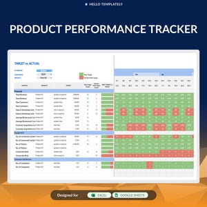 以下が含まれることがあります： 「Product Performance Tracker」というタイトルの、緑と赤のカラーパターンを使用したスプレッドシートです。このスプレッドシートは、総収益、新規顧客、販売およびマーケティング費用、顧客あたりの平均収益、顧客獲得費用、コンバージョンした顧客数、訪問者数、コンバージョン率、顧客満足度、苦情件数など、2つの製品の財務およびエンゲージメント指標を追跡します。このスプレッドシートには、2024年の週ごとのビューが含まれており、年の各週の列があります。
