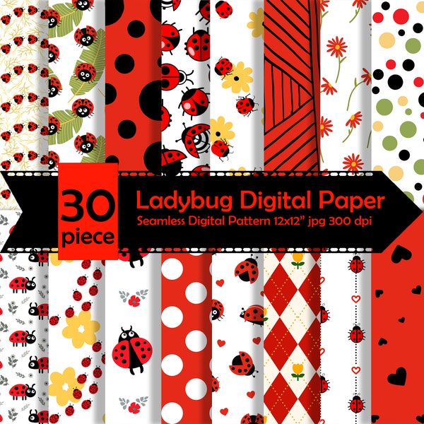 Ladybug Digital Paper, Bug Paper,Ladybug Scrapbook Paper,Polka Dots,Gingham,Chevron,Stripes, Red and Black,Leaf Floral Paper,Ladybird,Beetle