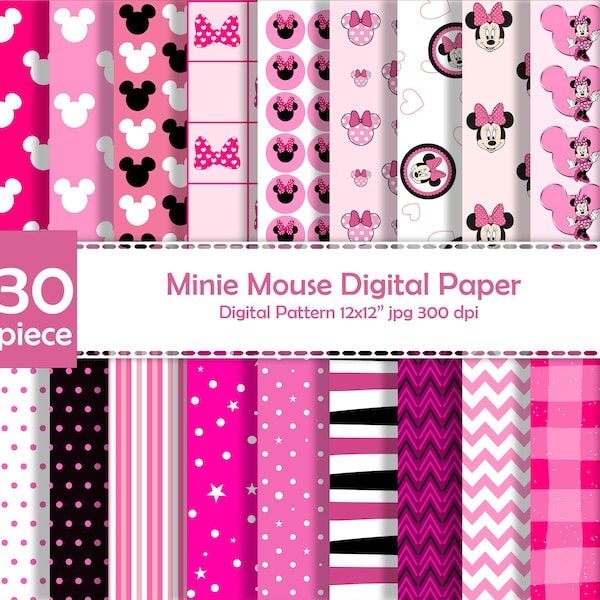 Minnie Mouse Digital paper, scrapbook, wallpaper, minnie mouse for kids paper, Minnie Mouse Ears,Dots, Stripes, Pink,Minnie Mouse background