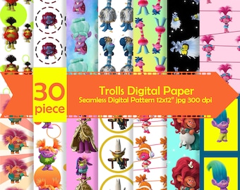 Trolls Digital Paper, Birthday Party papers, Scrapbook paper,Birthday invitation papers,Printable trolls party paper,Troll, Digital backdrop