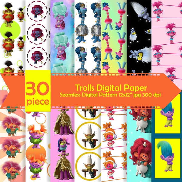 Trolls Digital Paper, Birthday Party papers, Scrapbook paper,Birthday invitation papers,Printable trolls party paper,Troll, Digital backdrop