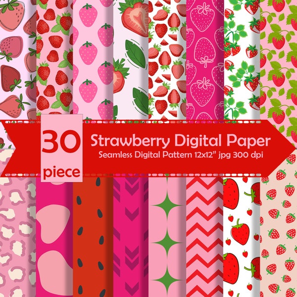 Strawberry Digital Papers, Seamless Commercial Use, Instant Download,Strawberry Themed, Pink Red Paper Pack, Gift Wrapping, Cute Strawberry