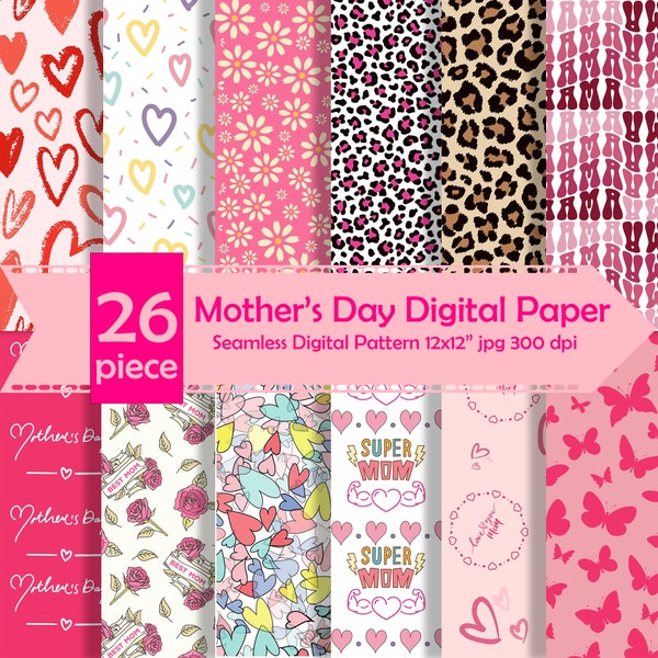 Mother's Day Digital Paper, Mom Digital Seamless Background, Printable mom papers, flowers pattern, Happy Mother Together, Mom Love, Leopard