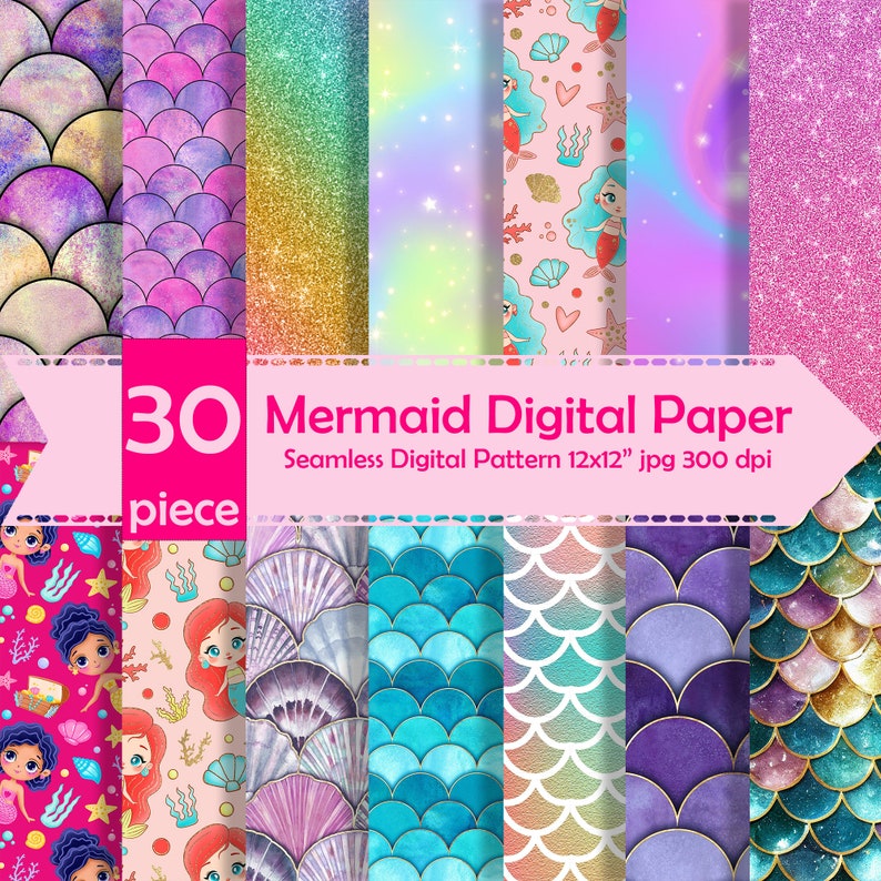 Mermaid Digital Paper,mermaid Tail Scale Textures, Glitter Texture
