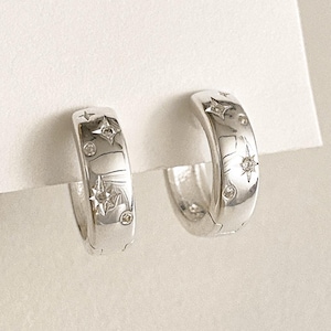 Star Cubic Zirconia Huggie Hoop Earrings, Sterling Silver Small Chunky Earrings, Celestial Mini Hoops for Everyday Wear, Star Cubic Zirconia