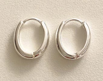 May include: A pair of silver hoop earrings with a smooth, rounded finish.