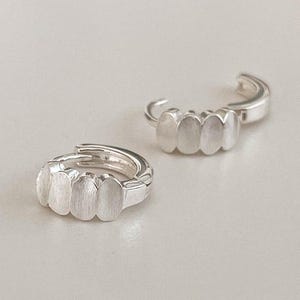 May include: A pair of silver hoop earrings. Each earring has four vertical, rounded rectangular shapes. The earrings have a matte finish and a hinged closure. The background is a neutral, off-white colour.