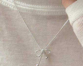 Rope Bow Pendant Necklace Sterling Silver – Cute Ribbon Tie Necklace, Minimalist Silver Jewellery, Everyday Gift for Her | Cult Mystique