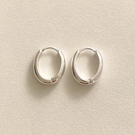 Chunky Oval Huggie Hoop Earrings – Sterling Silver | Thick Small Silver Hoops | Minimalist Everyday Earrings | Bold Polished Hoops
