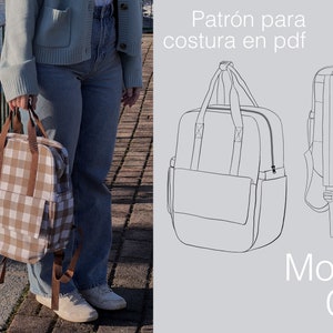 May include: A brown and white checkered backpack with brown straps. The backpack is being held by a person wearing a light blue cardigan and blue jeans. The image also includes a line drawing of the backpack in two different views. The text "Patrón para costura en pdf" and "Mochila Carla" is also included in the image.