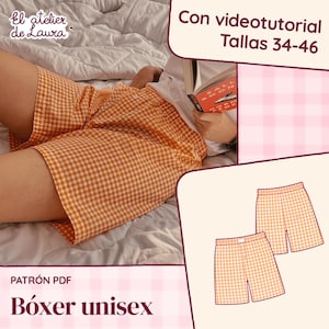 Puede incluir: Bóxer de cuadros vichy en color naranja y blanco con cintura elástica y detalle de botón frontal. El patrón digital incluye el texto el atelier de Laura, Con videotutorial Tallas 34-46, PATRÓN PDF y Bóxer unisex.