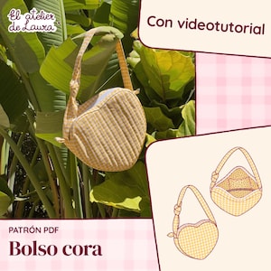 Puede incluir: Un bolso en forma de corazón con estampado de cuadros vichy en amarillo y blanco, con una asa anudada. La imagen incluye el texto El atelier de Laura, Con videotutorial, PATRÓN PDF y Bolso cora, junto a dos ilustraciones lineales.