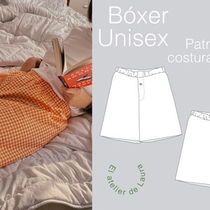 Puede incluir: Un patrón de costura para bóxers unisex. El patrón se muestra en blanco sobre un fondo gris. El texto "Bóxer Unisex" y "Patrón para costura en pdf" también se muestra en la imagen.