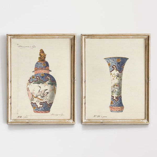 Chinoiserie Vase Prints, Set Of 2 Prints, blue and white Chinoiserie art print, Chinoiserie ginger jar print, French Chinoiserie Vase Prints