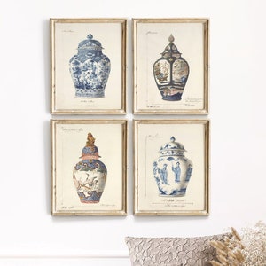 Chinoiserie Vase Prints, 4er Set Kunstdrucke, Blau Weiß Chinoiserie, Chinoiserie Ginger Jar Print, Französische Chinoiserie Vase Prints