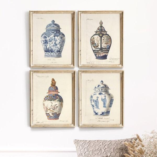 Chinoiserie Vase Prints, Set Of 4 Prints, blue and white Chinoiserie art print, Chinoiserie ginger jar print, French Chinoiserie Vase Prints