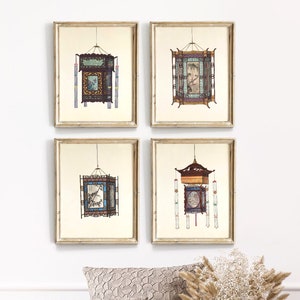 Chinese lantern print, set Of 4 Prints, Chinese wall art, Chinese digital art, Chinese wall art digital download, antique Chinese print