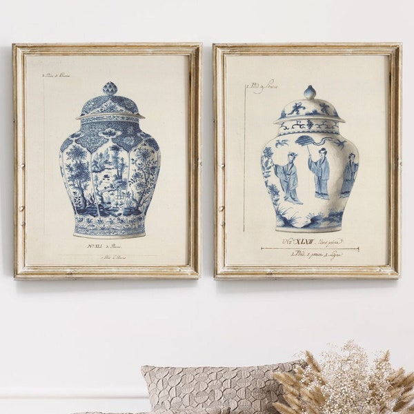 Chinoiserie Vase Prints, Set Of 2 Prints, blue and white Chinoiserie art print, Chinoiserie ginger jar print, French Chinoiserie Vase Prints