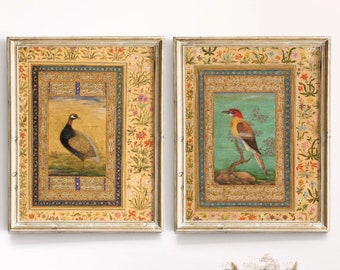 Traditional Persian prints, Set Of 2 Prints, Mughal Art prints, deer in landscape prints, antique bird prints, Mansur prints, Persian art