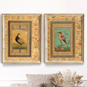 Traditional Persian prints, Set Of 2 Prints, Mughal Art prints, deer in landscape prints, antique bird prints, Mansur prints, Persian art