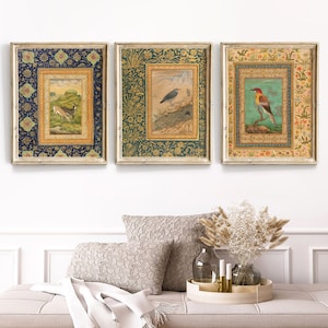 Stampe persiane tradizionali, Set di 3 stampe, stampe d'arte Mughal, cervi in stampe paesaggistiche, stampe di uccelli antichi, stampe Mansur, arte persiana