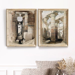 Ancient Egyptian etching print, Egyptian wall art, set of 2 Prints, Egyptian home decor, Egyptian art, Egyptian temple print, ancient Egypt