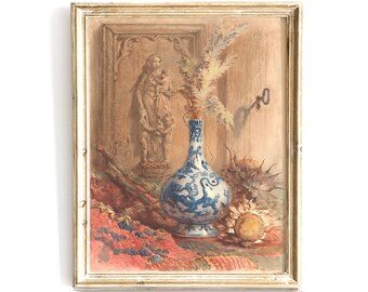 Watercolor Chinoiserie Prints, blue and white Chinoiserie antique art print, Chinoiserie ginger jar print, watercolour Chinoiserie print