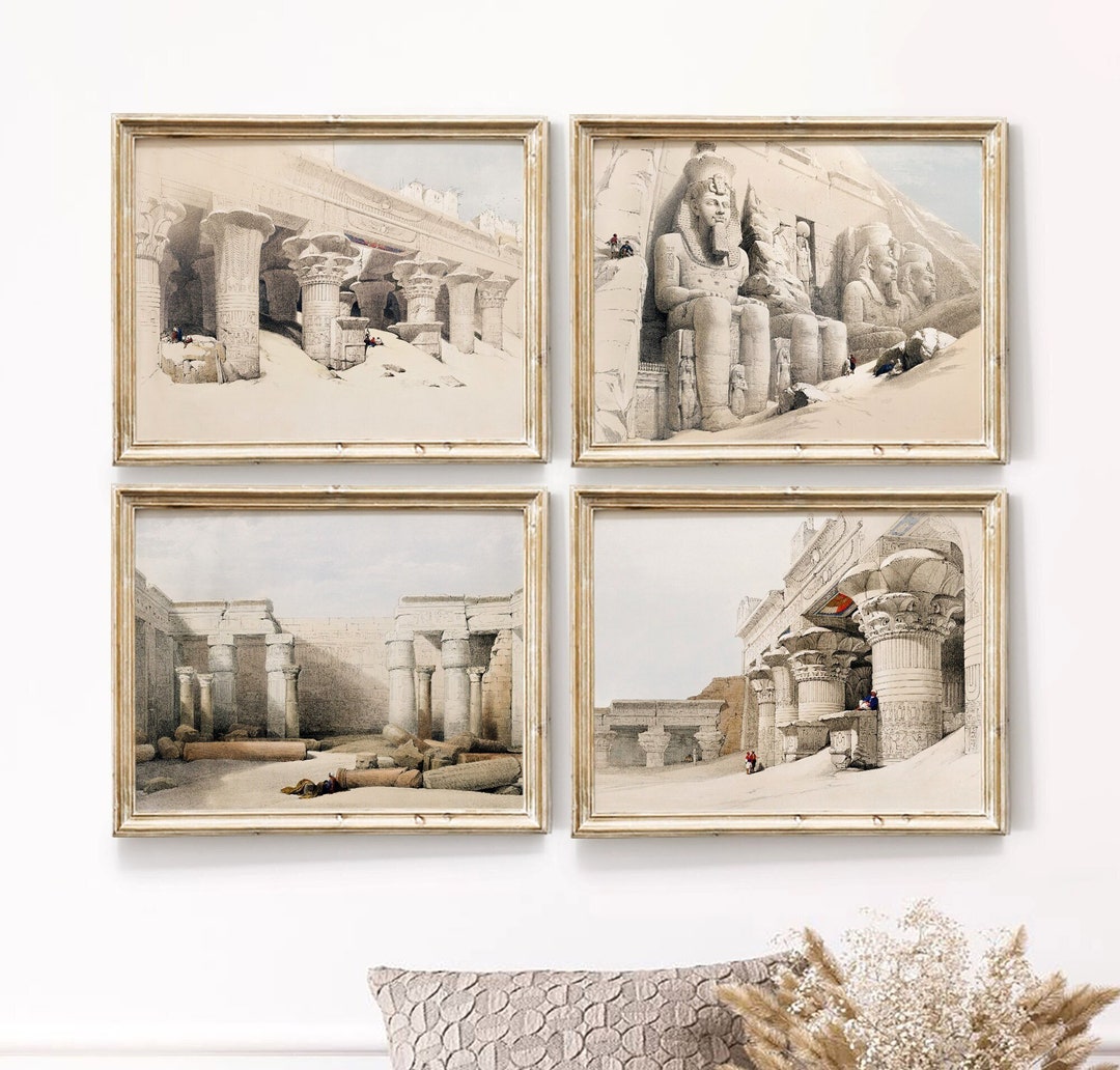 Egyptian Etching Art Print, Egyptian Wall Art, Set of 4 Prints