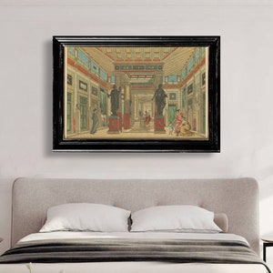 May include: A vintage illustration depicting a Roman interior with columns, statues, and figures in various poses. The scene is painted in a warm palette of browns, reds, and yellows, with details of the architecture and clothing visible.