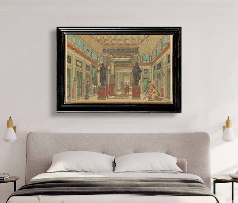 May include: A vintage illustration depicting a Roman interior with columns, statues, and figures in various poses. The scene is painted in a warm palette of browns, reds, and yellows, with details of the architecture and clothing visible.