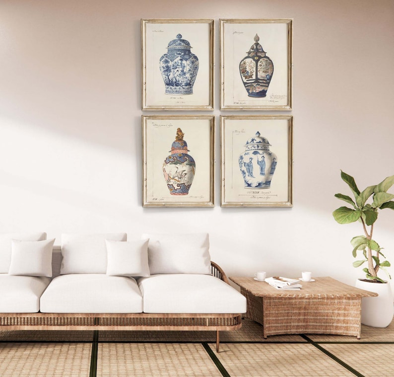 Chinoiserie Vase Prints, Set of 4 Prints, Blue and White Chinoiserie ...