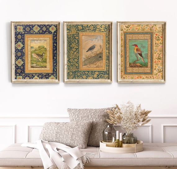 Traditional Persian prints, Set Of 3 Prints, Mughal Art prints, deer in landscape prints, antique bird prints, Mansur prints, Persian art