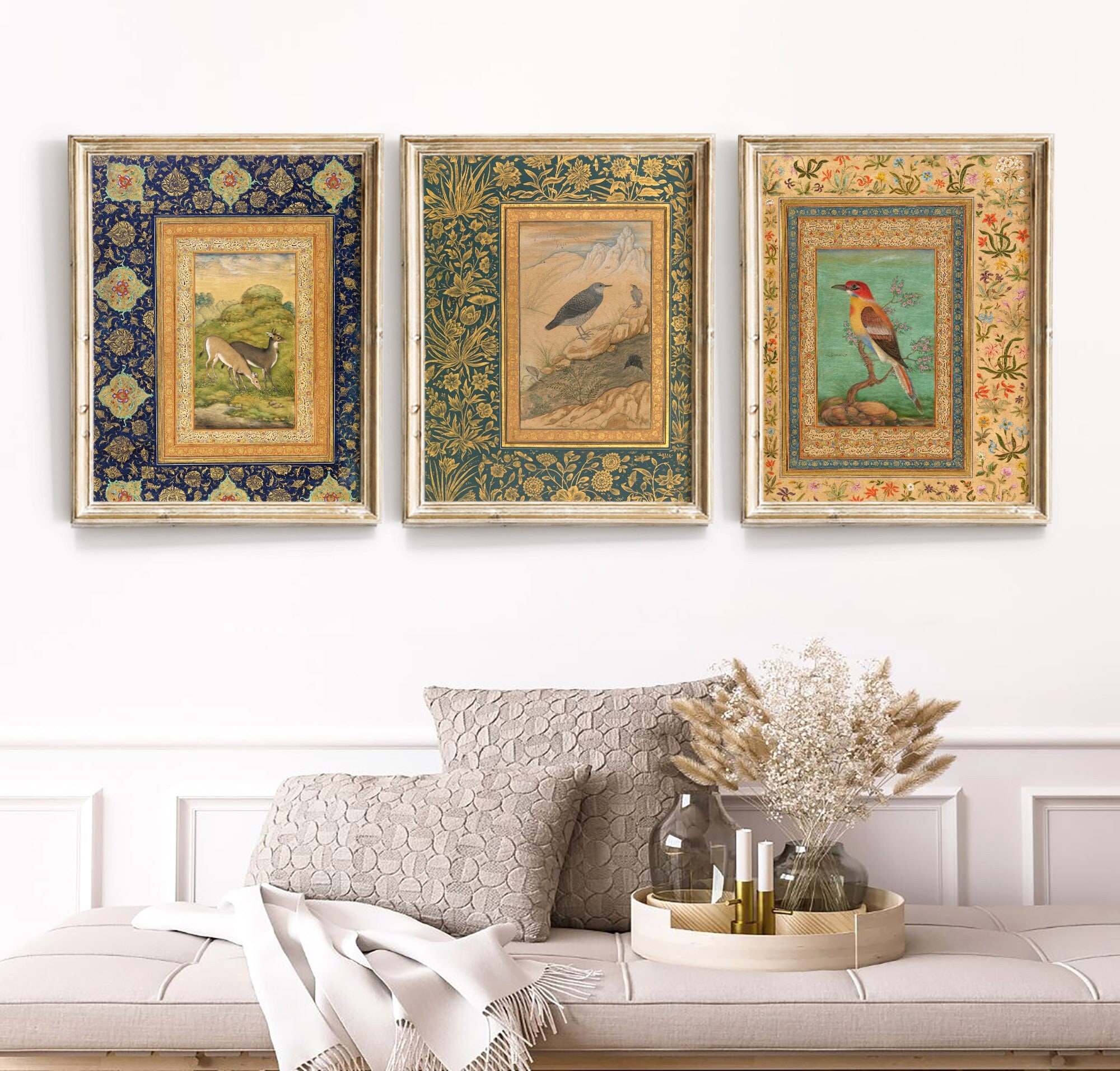 Traditional Persian prints, Set Of 3 Prints, Mughal Art prints, deer in landscape prints, antique bird prints, Mansur prints, Persian art