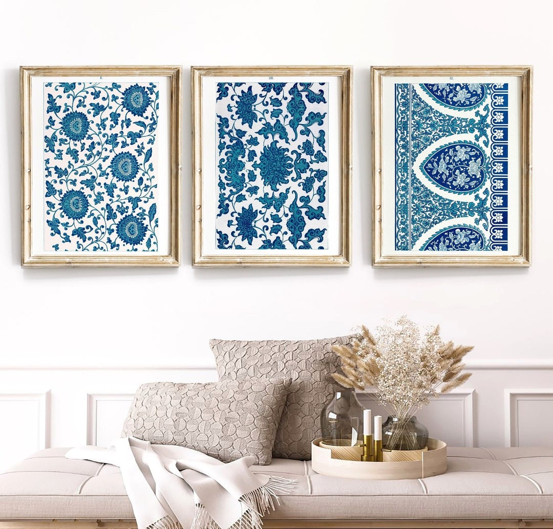 Chinoiserie Ornamental Prints, Set of 3 Prints, Blue and White ...