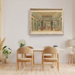 May include: A framed print of a vintage illustration depicting a grand, ornate interior with columns, statues, and figures in a classical setting. The print is in a light wood frame and hangs on a white wall.