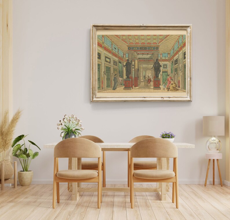 May include: A framed print of a vintage illustration depicting a grand, ornate interior with columns, statues, and figures in a classical setting. The print is in a light wood frame and hangs on a white wall.
