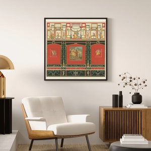 Puede incluir: Una impresi&oacute;n enmarcada de un fresco romano colorido que representa una escena con figuras y detalles arquitect&oacute;nicos. El fresco est&aacute; sobre un fondo rojo con acentos negros y verdes.