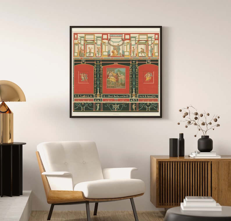Puede incluir: Una impresi&oacute;n enmarcada de un fresco romano colorido que representa una escena con figuras y detalles arquitect&oacute;nicos. El fresco est&aacute; sobre un fondo rojo con acentos negros y verdes.