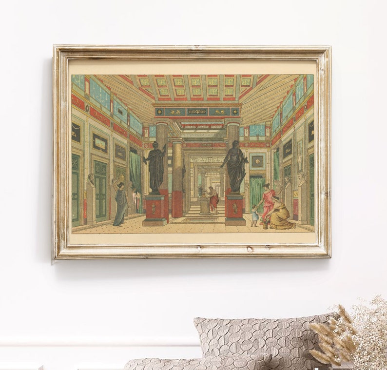 May include: A vintage illustration depicting the interior of a Roman building. The building has a high vaulted ceiling with a decorative pattern. There are columns and statues throughout the space. The walls are painted in a variety of colors, including red, blue, and green. The floor is tiled in a geometric pattern.