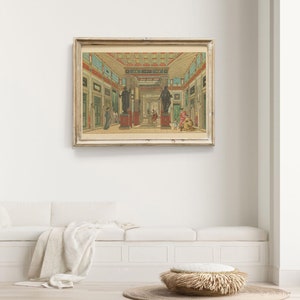 May include: A vintage illustration of a Roman interior with a high ceiling, marble columns, and statues. The scene is filled with people in Roman clothing, including a woman in a red dress and a man in a blue tunic.