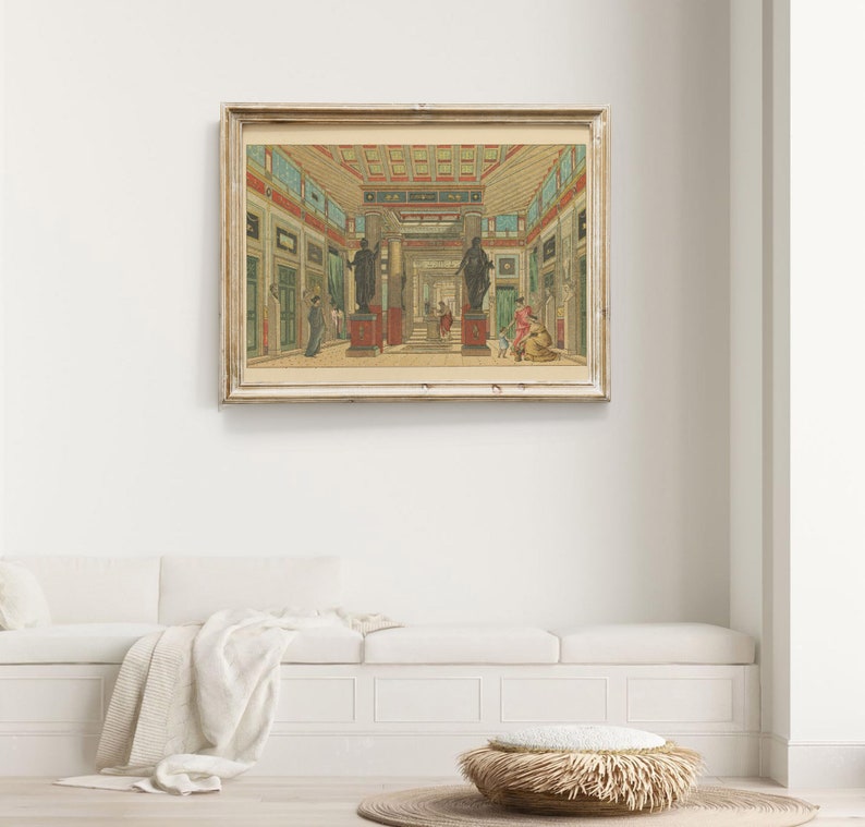 May include: A vintage illustration of a Roman interior with a high ceiling, marble columns, and statues. The scene is filled with people in Roman clothing, including a woman in a red dress and a man in a blue tunic.
