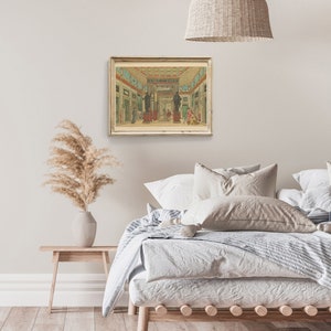 May include: A framed print of a vintage illustration depicting a room with statues and people. The room has a high ceiling with a decorative cornice and a tiled floor. The walls are painted in a light color and there are windows on the left and right sides of the room.