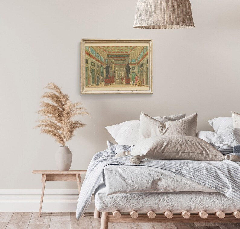 May include: A framed print of a vintage illustration depicting a room with statues and people. The room has a high ceiling with a decorative cornice and a tiled floor. The walls are painted in a light color and there are windows on the left and right sides of the room.