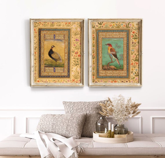 Traditional Persian prints, Set Of 2 Prints, Mughal Art prints, deer in landscape prints, antique bird prints, Mansur prints, Persian art
