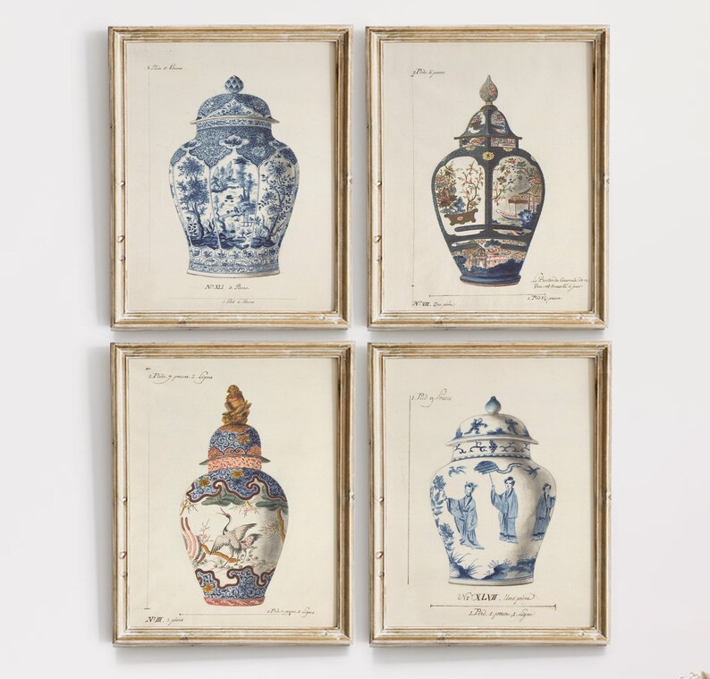 Chinoiserie Vase Prints, Set of 4 Prints, Blue and White Chinoiserie ...