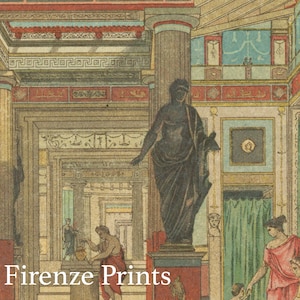 May include: A vintage illustration of a Roman interior with a statue of a man in a toga standing in the center. The room is decorated with columns, arches, and intricate details. The image is in shades of brown, beige, and blue.